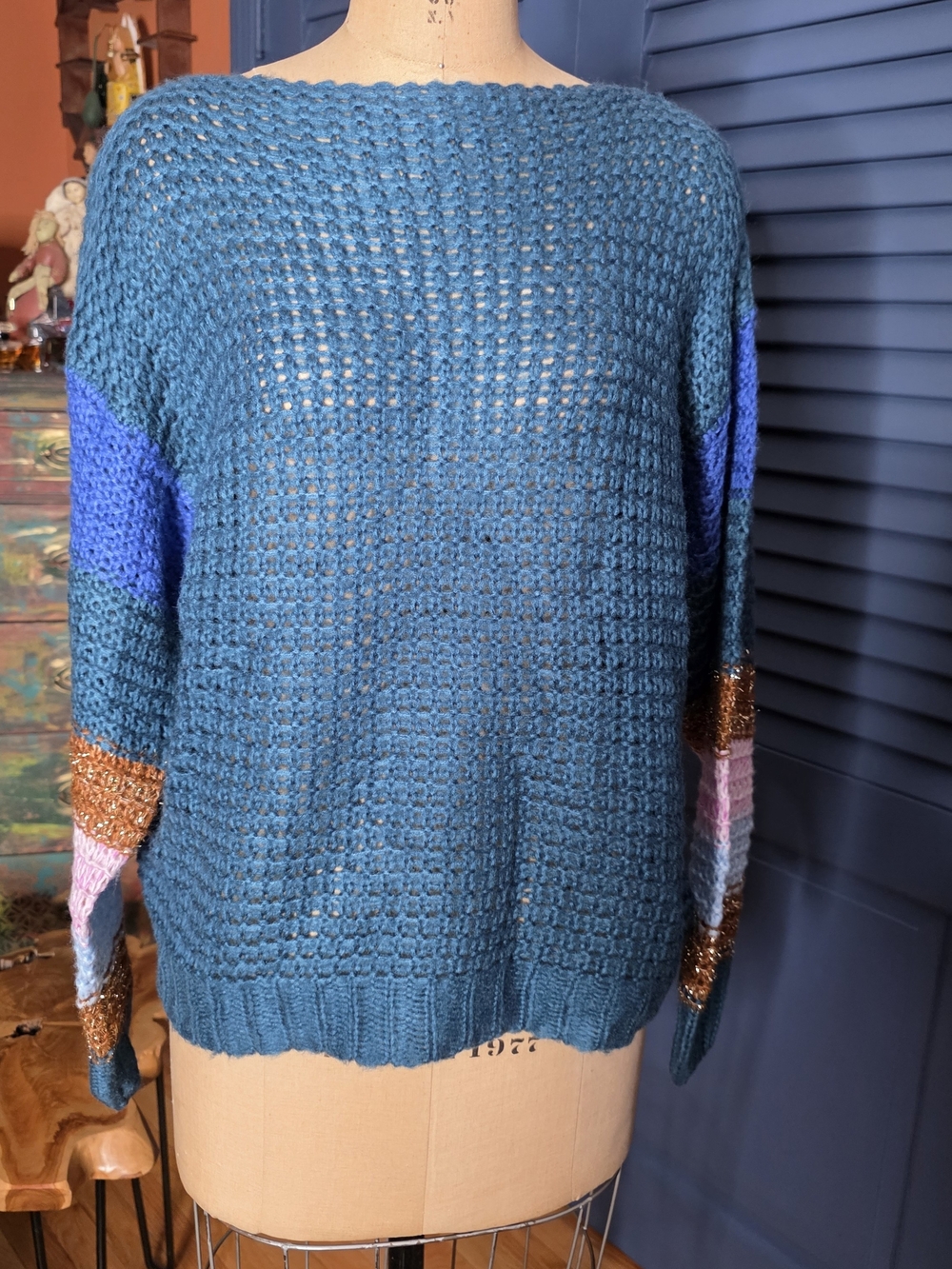 Heartloom Teal Open-Weave Crewneck Sweater with Multicolor Stripe Sleeves